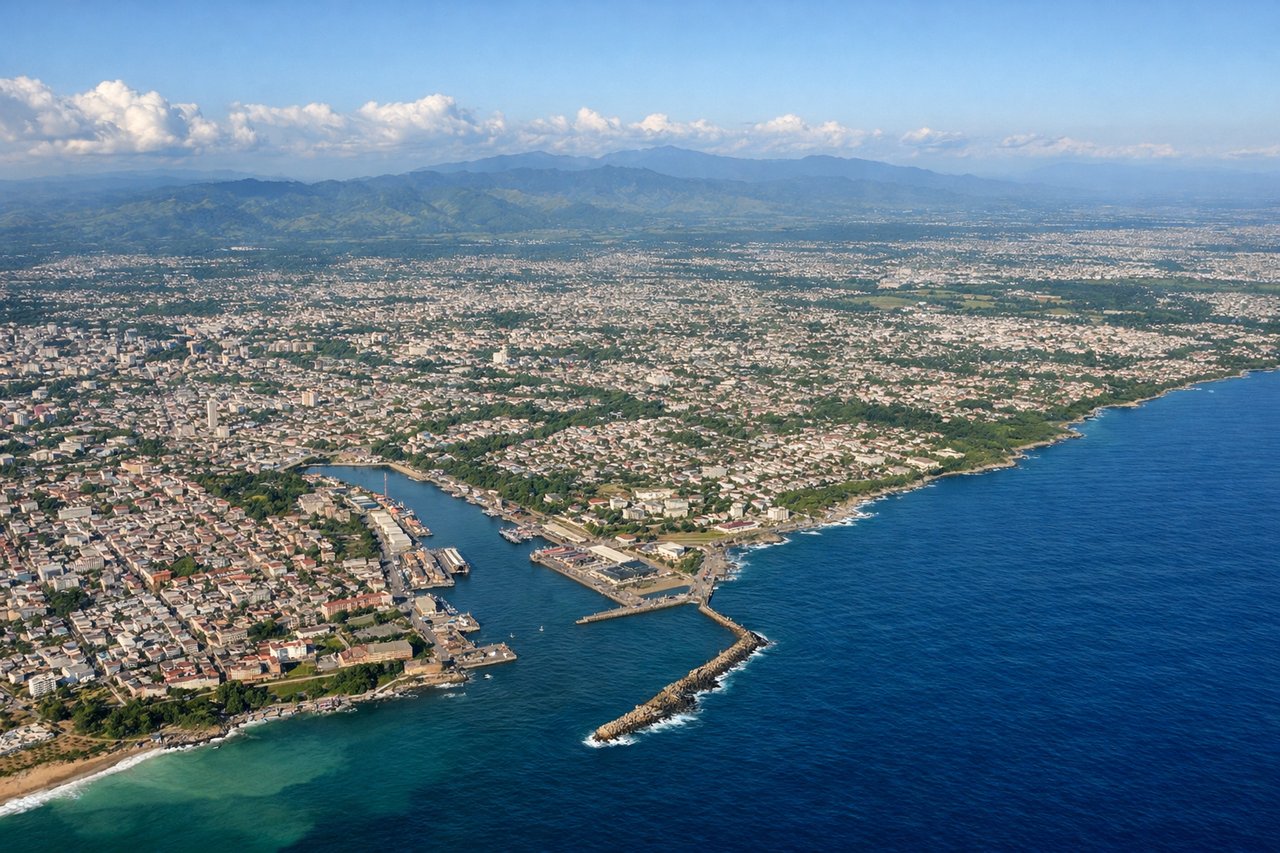 Left window seat view during takeoff from Santo Domingo (SDQ) — Caribbean Sea (immediate right), northern coast of Dominican Republic (distant horizon), Ozama River delta (left side, middle distance), Greater Santo Domingo urban area (left, receding)