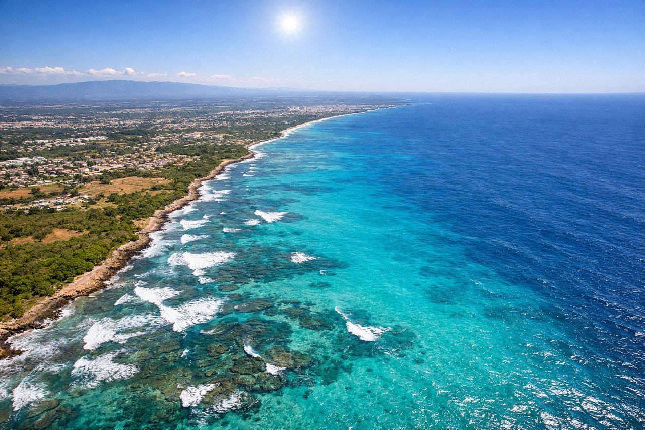 Right window seat view during takeoff from Santo Domingo (SDQ) — Caribbean Sea (immediate right), northern coast of Dominican Republic (distant horizon), Ozama River delta (left side, middle distance), Greater Santo Domingo urban area (left, receding)