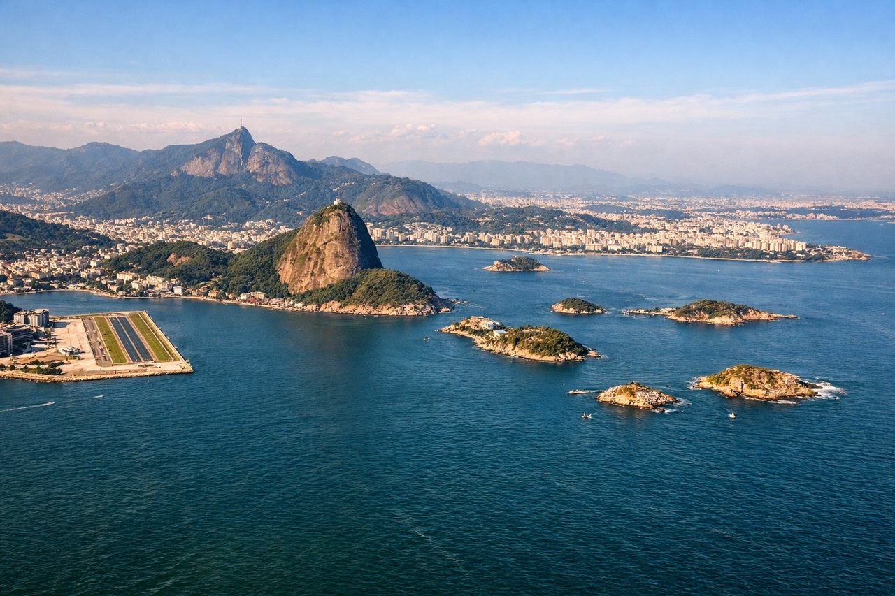 Left window seat view during landing at Rio De Janeiro (SDU) — Sugarloaf Mountain, Guanabara Bay, Rio city skyline near Centro, Niterói across the bay (left side)