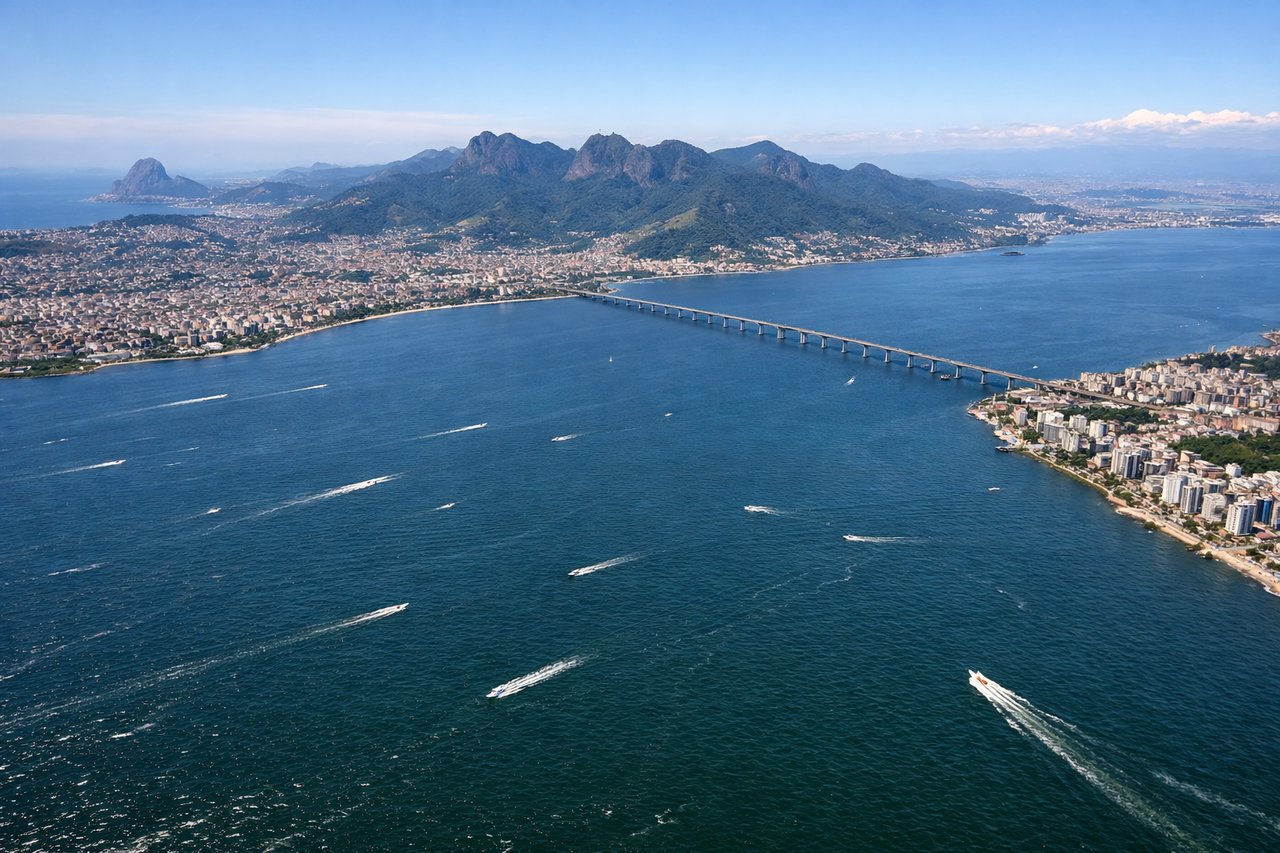 Right window seat view during takeoff from Rio De Janeiro (SDU) — Sugarloaf Mountain, Corcovado/Christ the Redeemer (distant), downtown Rio skyline, Guanabara Bay shoreline