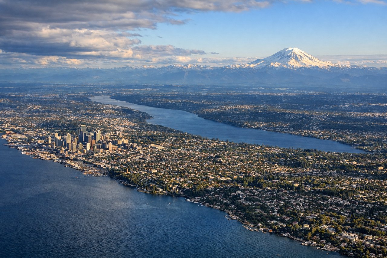 Left window seat view during landing at Seattle (SEA) — Puget Sound, Elliott Bay, downtown Seattle skyline, Olympic Mountains (distant horizon)