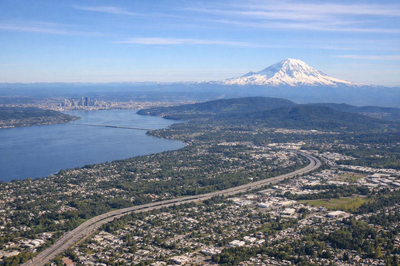 Aerial window seat view during takeoff from Seattle (left side) — Elliott Bay and downtown Seattle skyline, Puget Sound with its islands, Olympic Mountains, Bainbridge Island