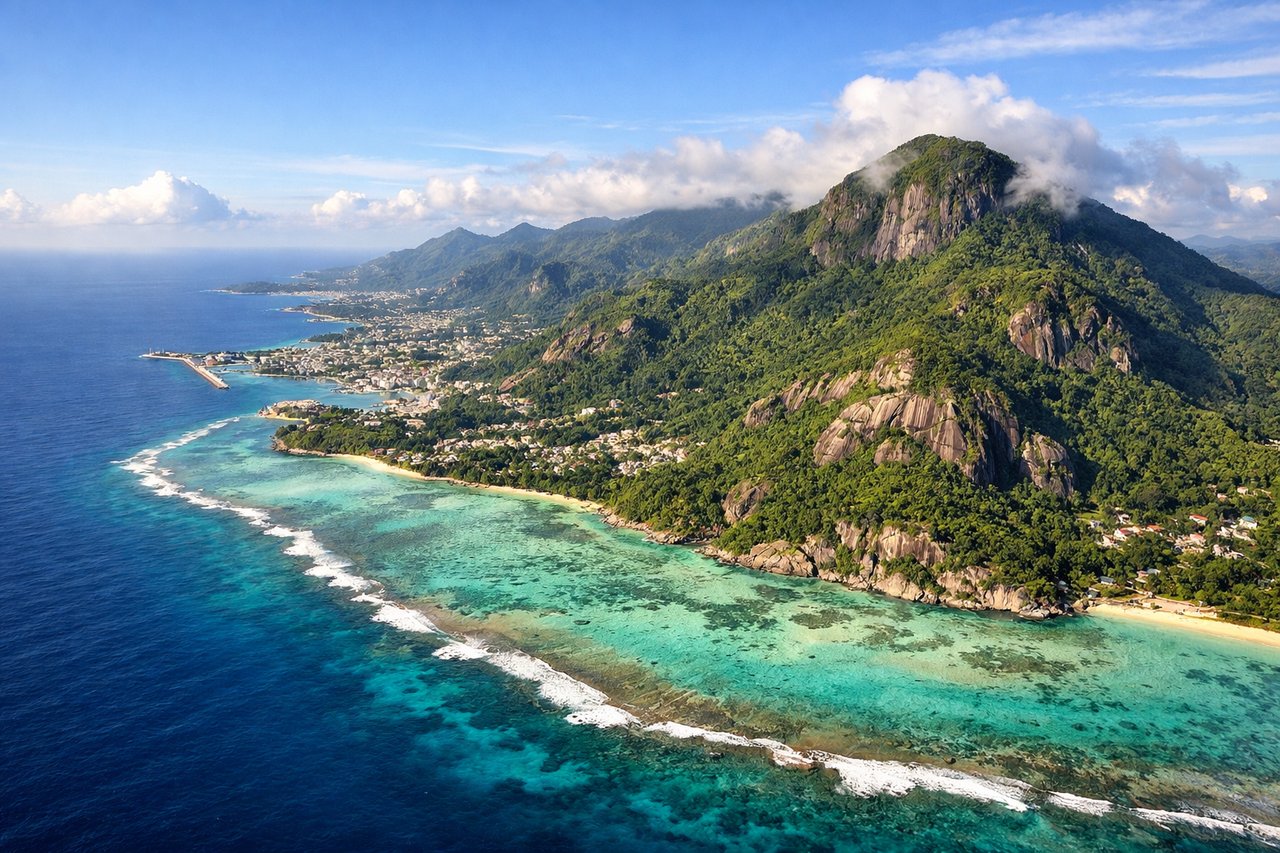 Aerial window seat view during landing at Mahe (right side) — Mahé's granite peaks (Morne Seychellois range), Seychelles International Airport on the northeastern coast, Victoria harbor and coastal development, surrounding smaller islands of the Seychelles archipelago