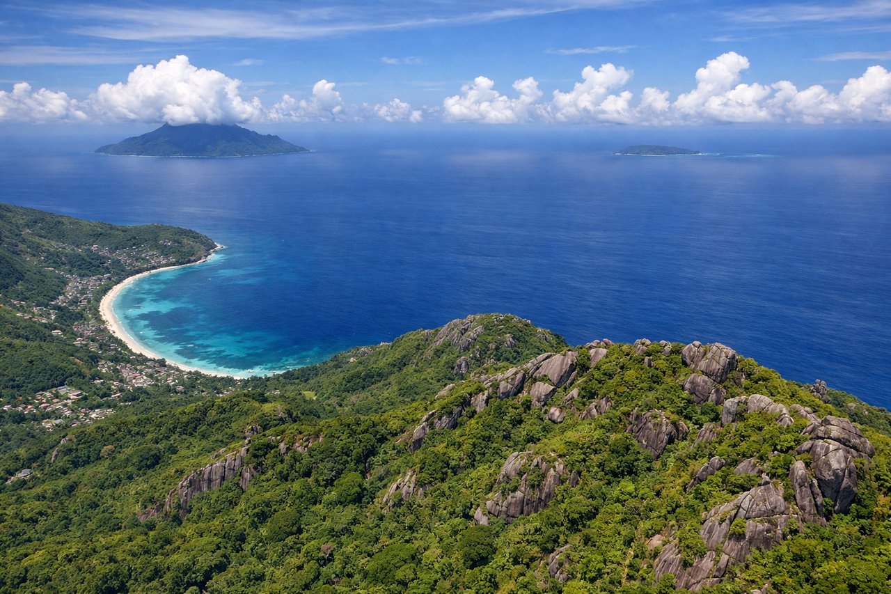 Aerial window seat view during takeoff from Mahe (left side) — Morne Seychellois peak, Beau Vallon Bay, Silhouette Island, North Island