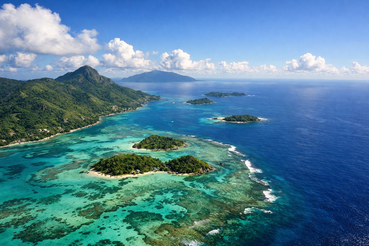 Aerial window seat view during takeoff from Mahe (right side) — Mahé's central granite peaks (Morne Seychellois range), the narrow coastal strip with Victoria visible to the north, surrounding smaller islands of the Seychelles group, Indian Ocean extending to the horizon