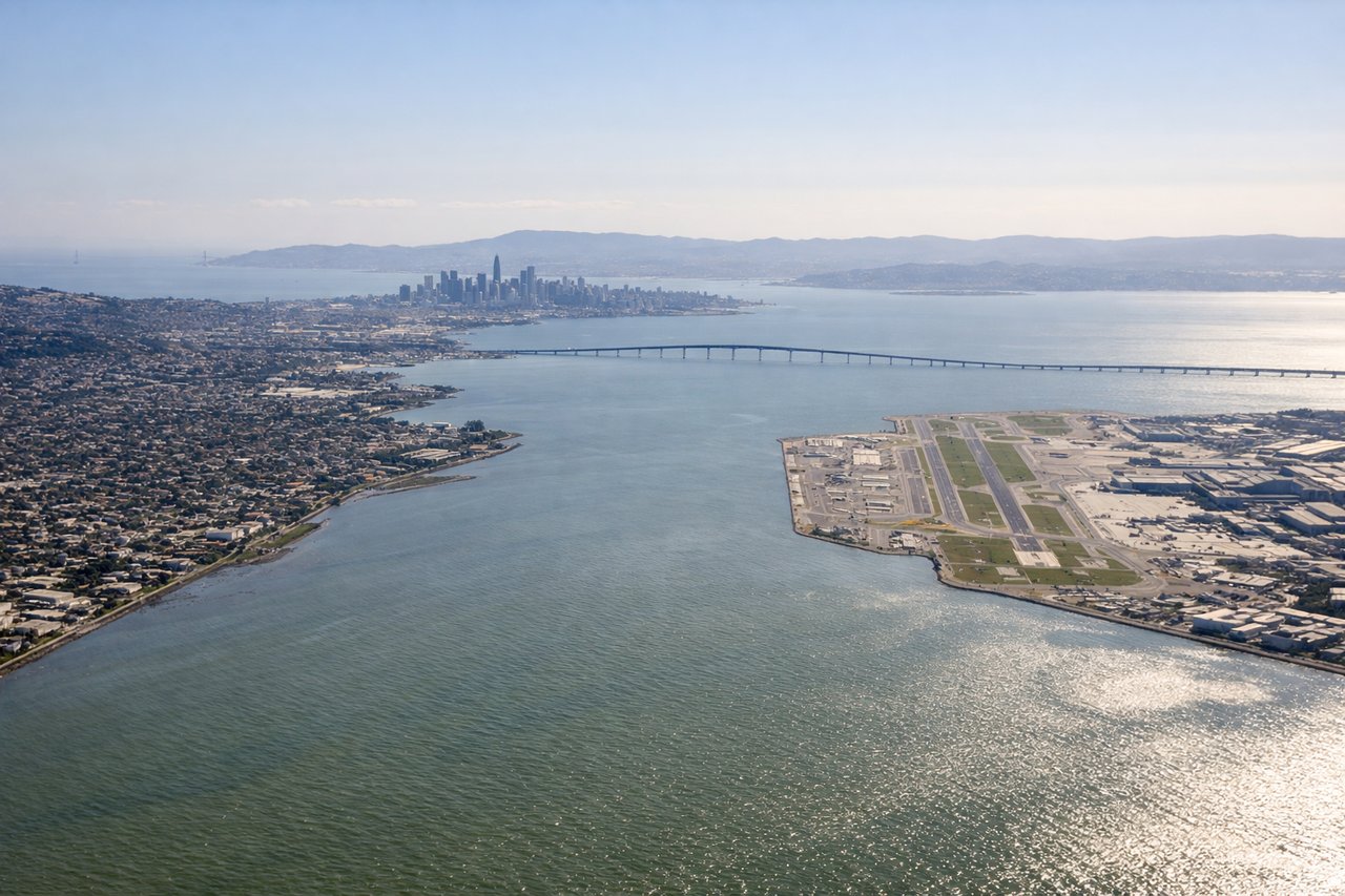 Left window seat view during landing at San Francisco (SFO) — San Francisco Bay, San Francisco skyline, Bay Bridge, Alcatraz Island (distant)