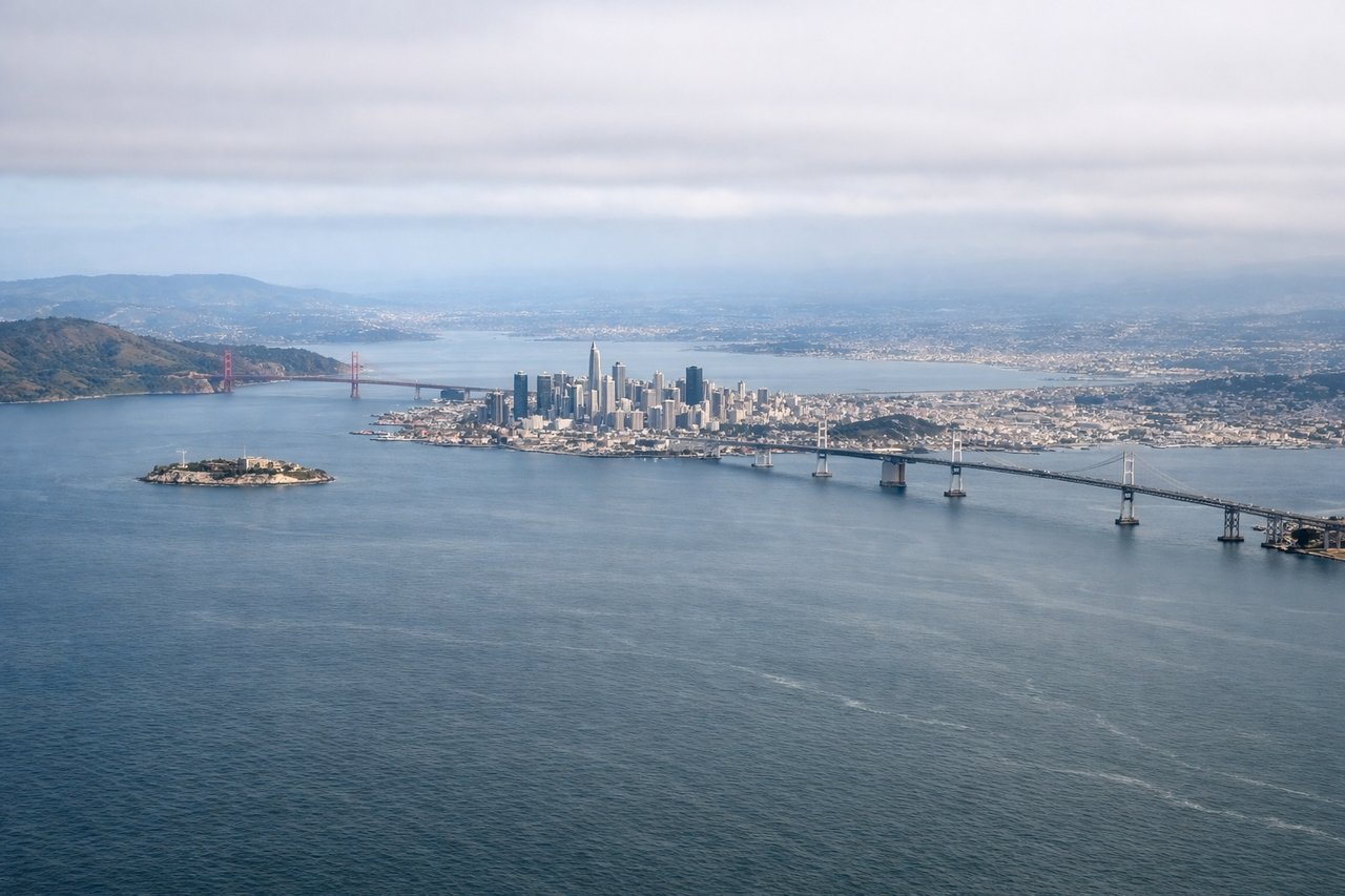 Left window seat view during takeoff from San Francisco (SFO) — San Francisco skyline, Bay Bridge, Alcatraz Island, Golden Gate Bridge (distant)
