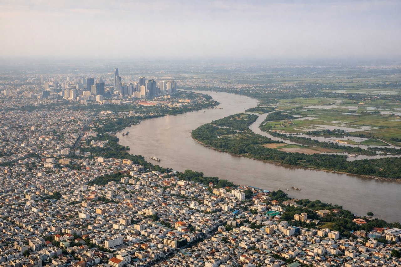 Aerial window seat view during takeoff from Ho Chi Minh City (right side) — Saigon River (winding through Ho Chi Minh City), Mekong River Delta (extensive agricultural grid visible below 8,000 ft), Can Tho city and waterways, Coastal mangrove zones along the southern Vietnam coast
