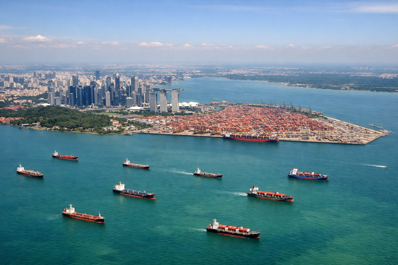 Aerial window seat view during landing at Singapore (left side) — Marina Bay Sands and the CBD skyline, the Johor Strait and causeway, Sentosa Island and the southern port anchorage, the dense urban grid of central Singapore