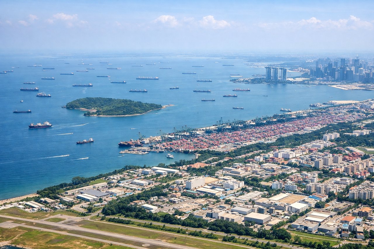 Aerial window seat view during landing at Singapore (right side) — Marina Bay Sands, Singapore CBD skyline, Singapore Strait shipping lanes, Sentosa Island silhouette
