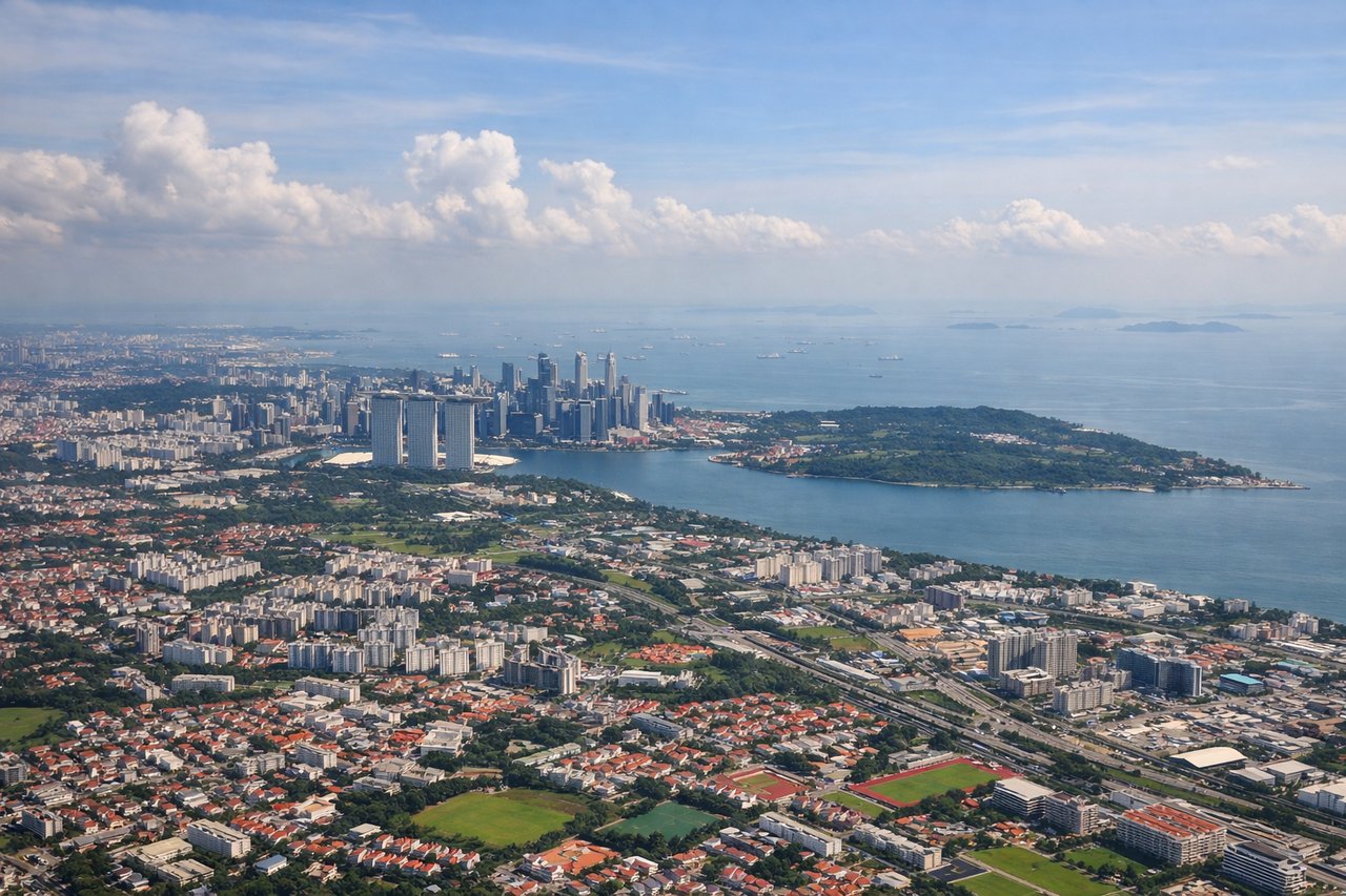 Aerial window seat view during takeoff from Singapore (right side) — Singapore city center and port facilities, Strait of Malacca, Johor Strait, Malaysian peninsula coastline