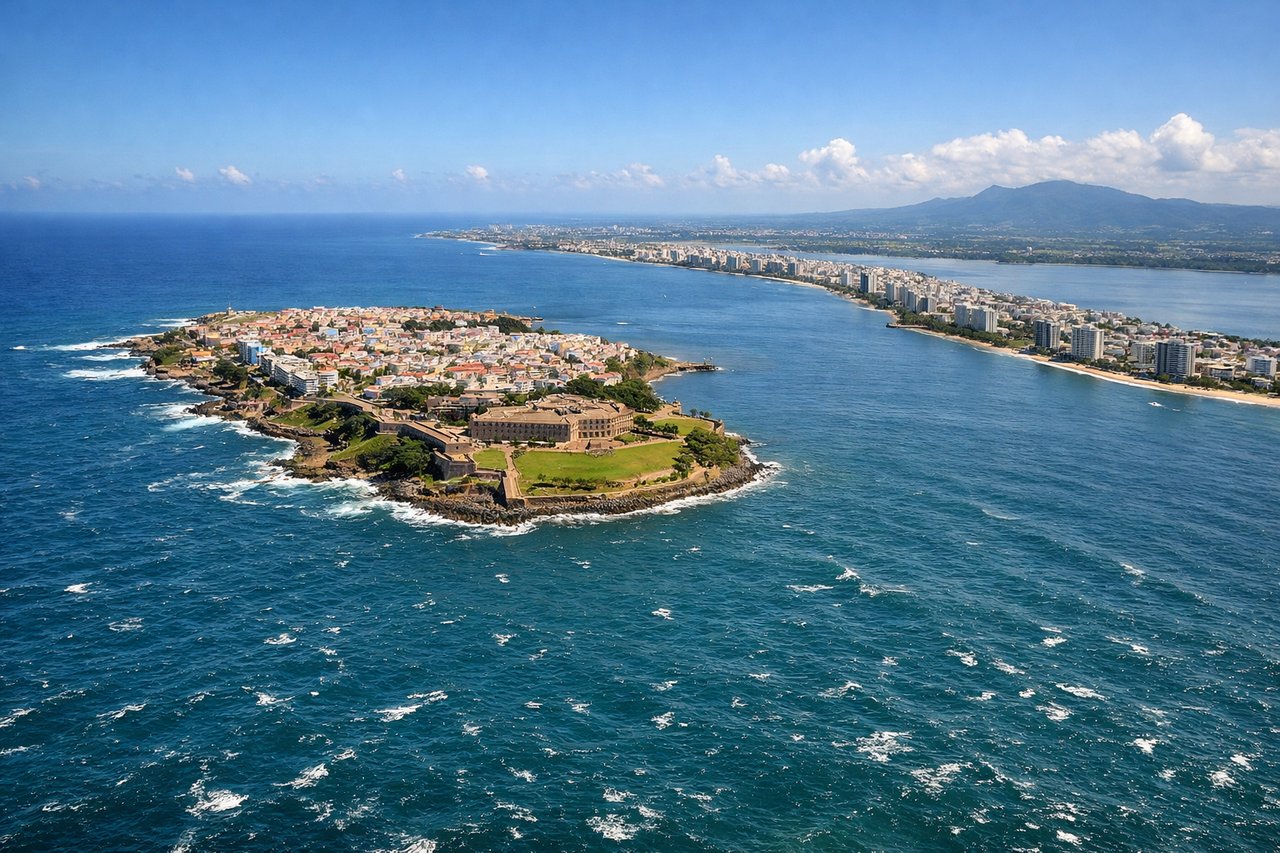 Aerial window seat view during landing at San Juan (left side) — El Yunque National Forest (green mountainous terrain to the south), San Juan Bay and harbor, Old San Juan historic district (visible as dense urban grid on the peninsula), Isla de Cabras and coastal fortifications
