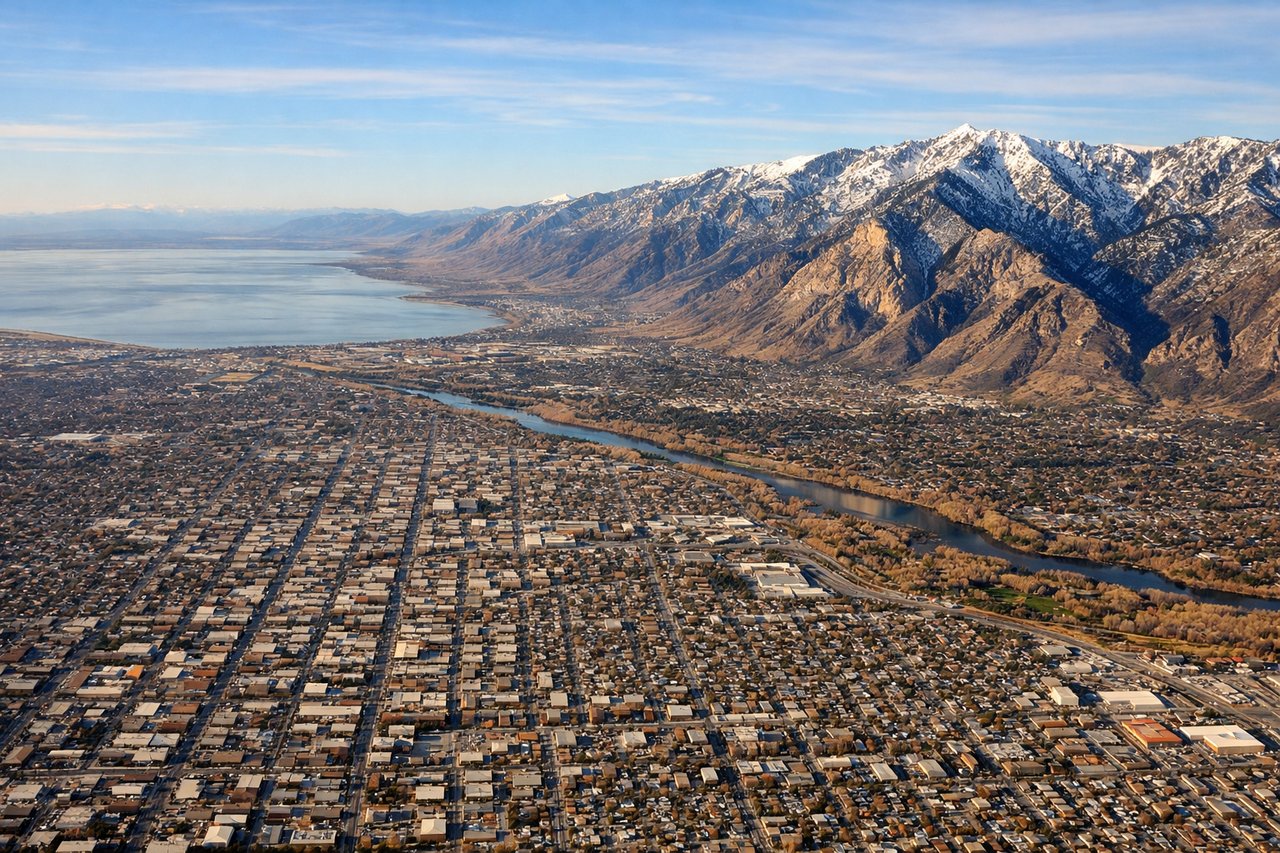 Aerial window seat view during landing at Salt Lake City (left side) — Wasatch Range, Mount Olympus, Salt Lake Valley, downtown Salt Lake City skyline