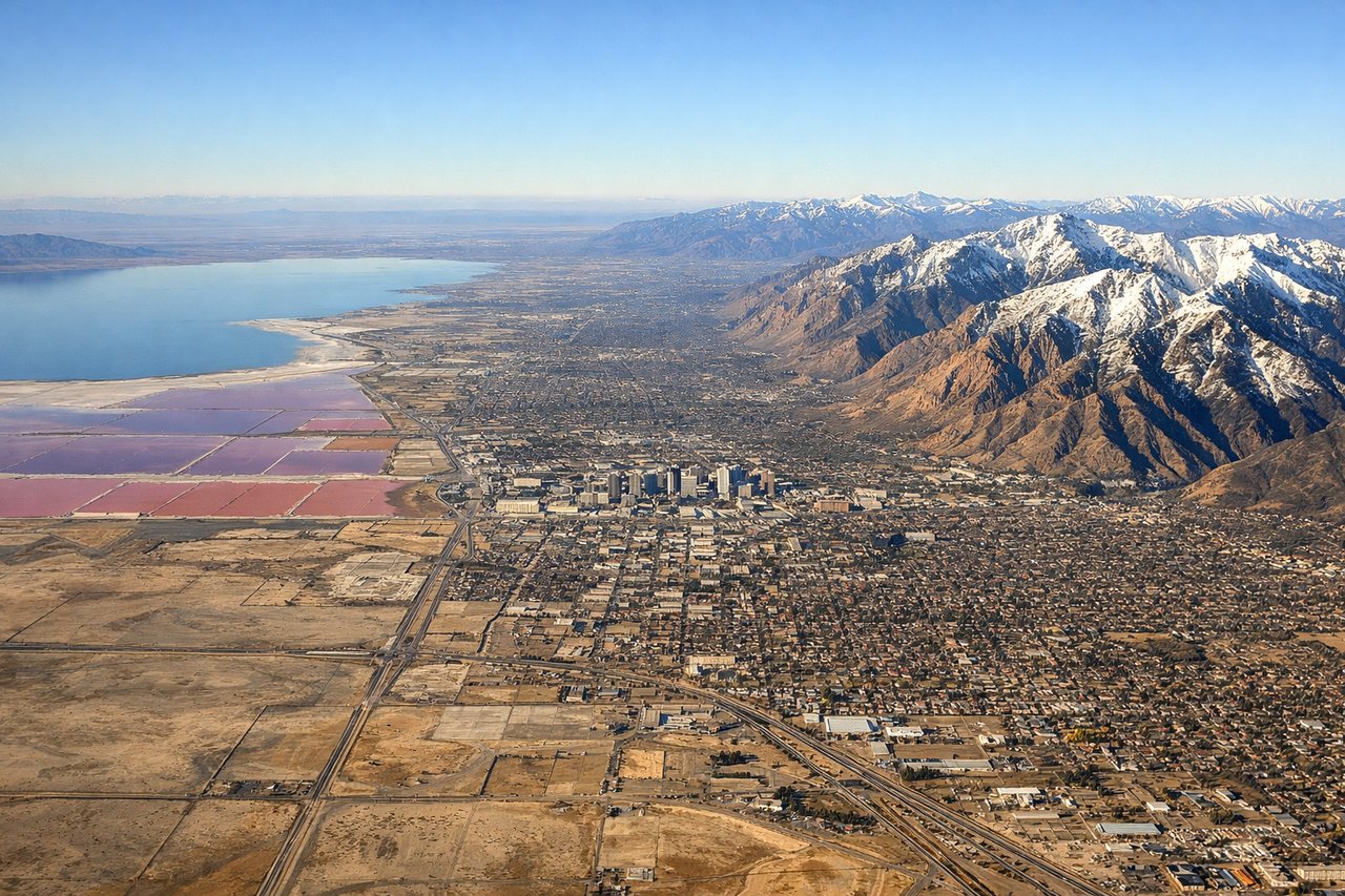 Aerial window seat view during landing at Salt Lake City (right side) — Wasatch Range, Salt Lake Valley, Great Salt Lake in distance, Oquirrh Mountains
