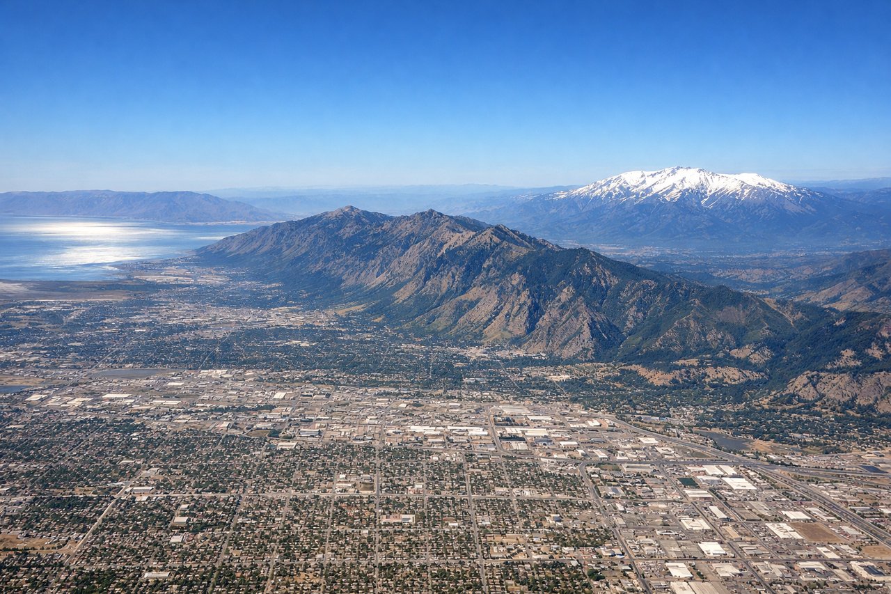 Aerial window seat view during takeoff from Salt Lake City (left side) — Wasatch Range peaks (Mount Olympus, Lone Peak), Salt Lake Valley foothills, Great Salt Lake in the distant right background
