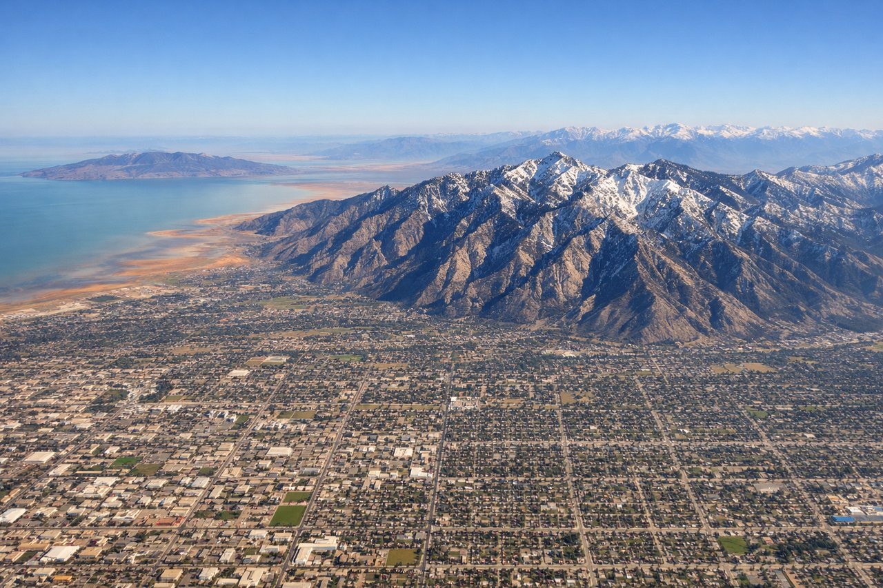 Aerial window seat view during takeoff from Salt Lake City (right side) — Wasatch Range, Mount Olympus, Salt Lake Valley floor, Great Salt Lake (distant northwest)