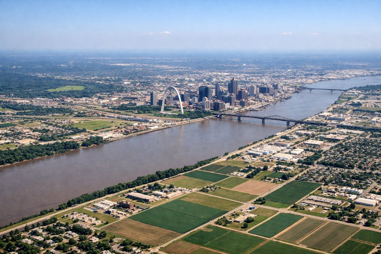 Left window seat view during takeoff from St. Louis (STL) — Missouri River, Mississippi-Missouri River confluence (Columbia Bottom area), river valley farmland, Mark Twain Lake region in the distance on clear days