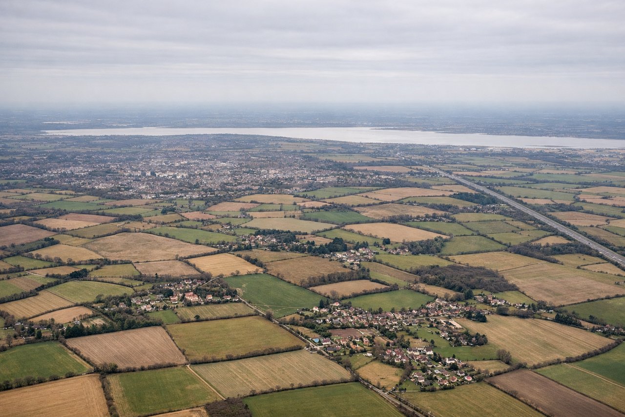 Aerial window seat view during landing at London (left side) — Essex farmland mosaic, small reservoirs and rivers near Bishop's Stortford, distant edge of London's built-up sprawl