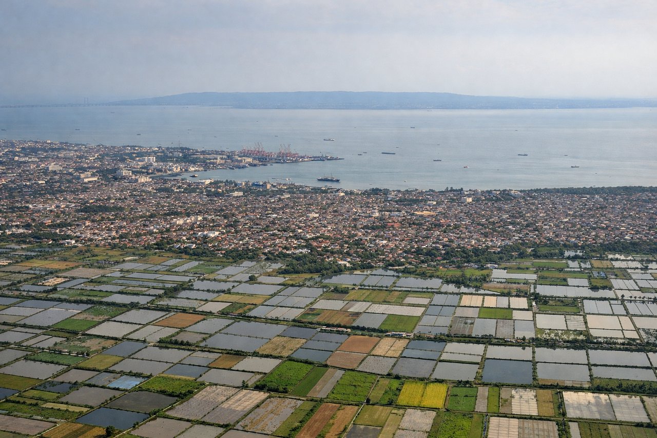 Left window seat view during landing at Surabaya (SUB), Surabaya city skyline and port, Madura Strait, Madura Island coastline, Suramadu Bridge connecting Java to Madura
