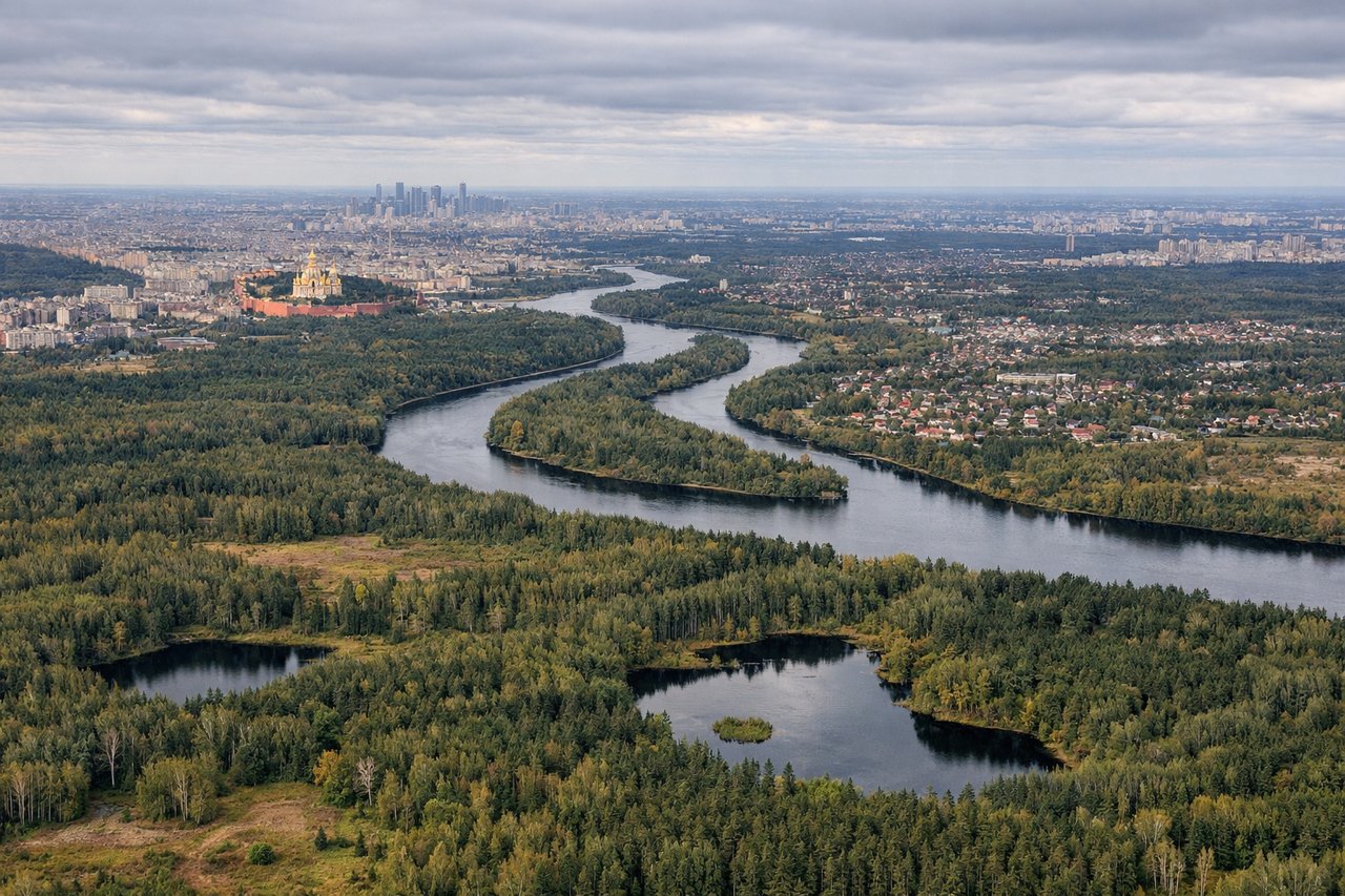 Left window seat view during landing at Moscow (SVO) — Moskva River with its characteristic meanders, Moscow city center skyline (including tall buildings around the Kremlin area), Sheremetyevo's terminal complex and parallel runways, suburban residential and industrial zones to the north