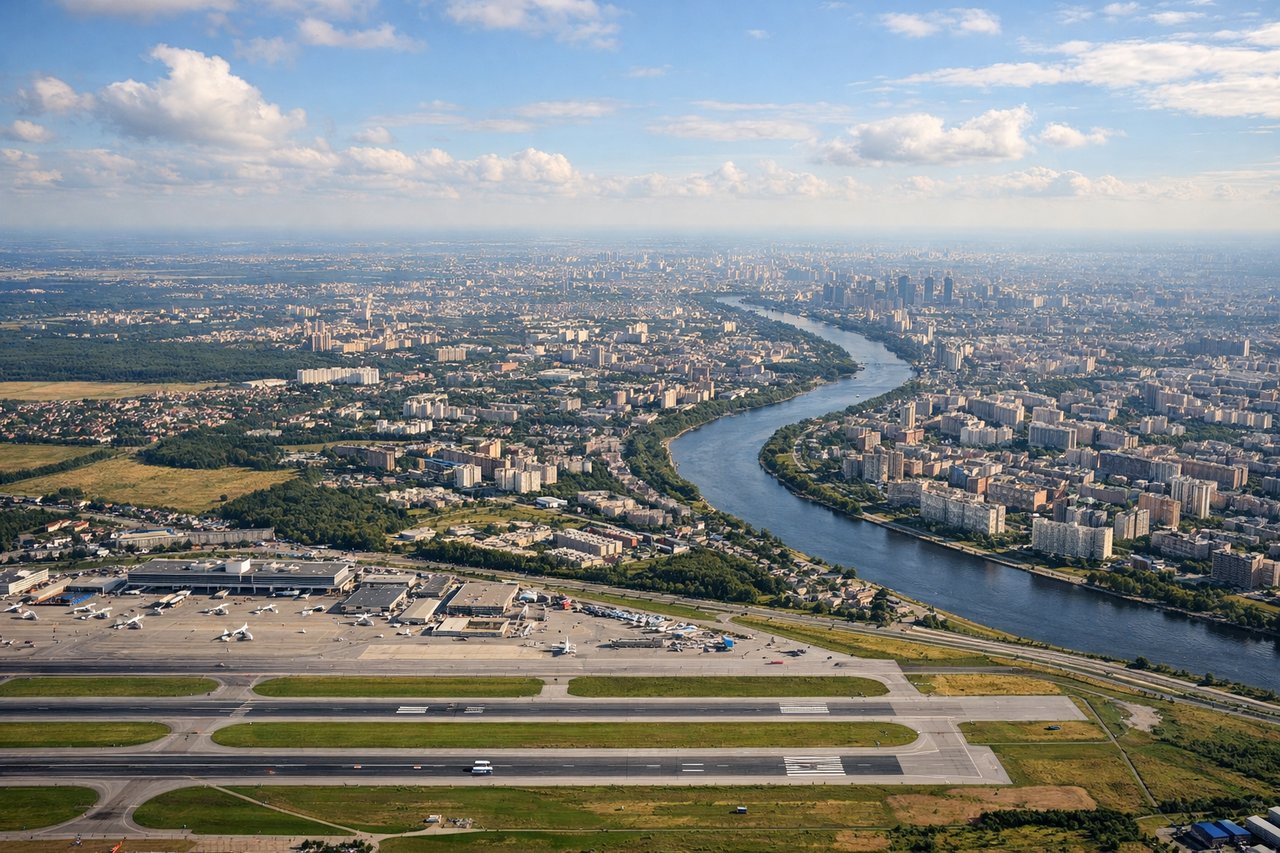 Right window seat view during takeoff from Moscow (SVO) — Moskva River with its characteristic loops and bends, Moscow Ring Road (MKAD) as a curved line defining the city boundary, extensive birch and pine forests of the Moscow region, Sheremetyevo's own terminal complex receding below