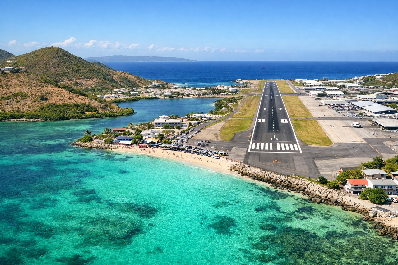 Aerial window seat view during landing at Philipsburg (left side) — Anguilla (north, shallow turquoise waters), Sint Maarten's narrow landmass (center, with Great Salt Pond visible as darker inland water), Saint-Barthélemy (east, small island), Caribbean deep water (south and east, deep blue)
