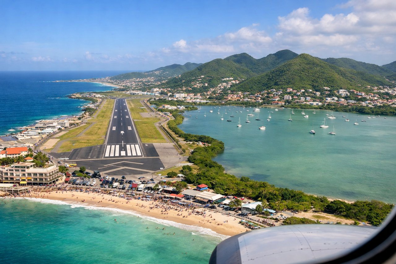 Right window seat view during landing at Philipsburg (SXM) — Maho Beach (immediate foreground during final descent), Simpson Bay Lagoon (to the left/north), the northern coastline of Sint Maarten with resort development, Caribbean Sea horizon