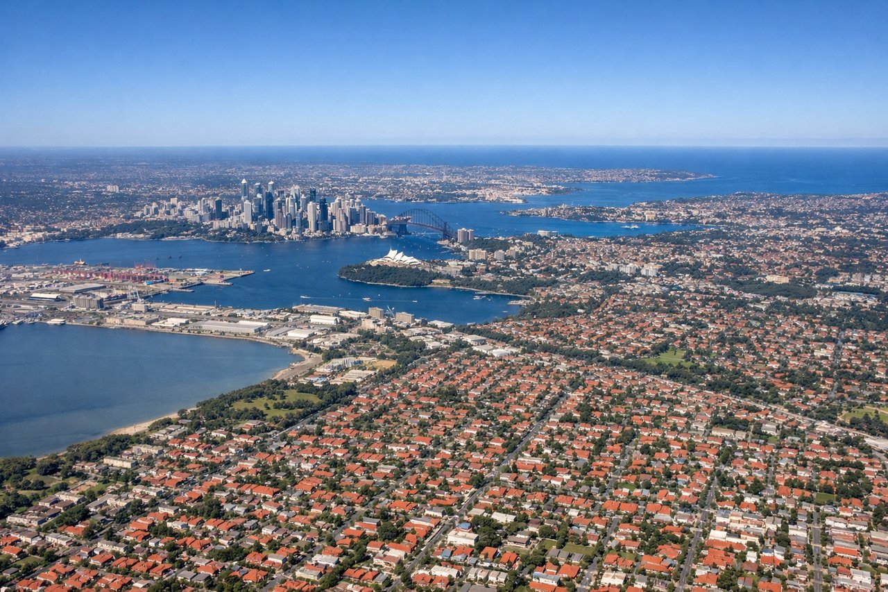 Aerial window seat view during landing at Sydney (right side) — Blue Mountains to the west, Sydney Harbour with its headlands and beaches, Tasman Sea coastline with dramatic cliffs, Sydney city skyline