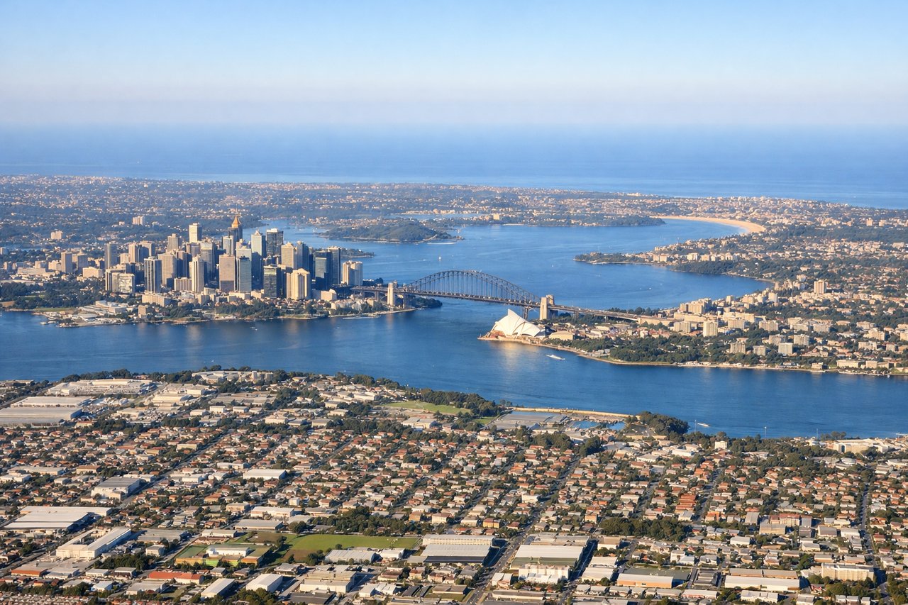 Aerial window seat view during takeoff from Sydney (right side) — Sydney Harbour Bridge, Sydney Opera House and CBD skyline, Manly and the northern beaches coastline, Pacific coastline receding to the horizon