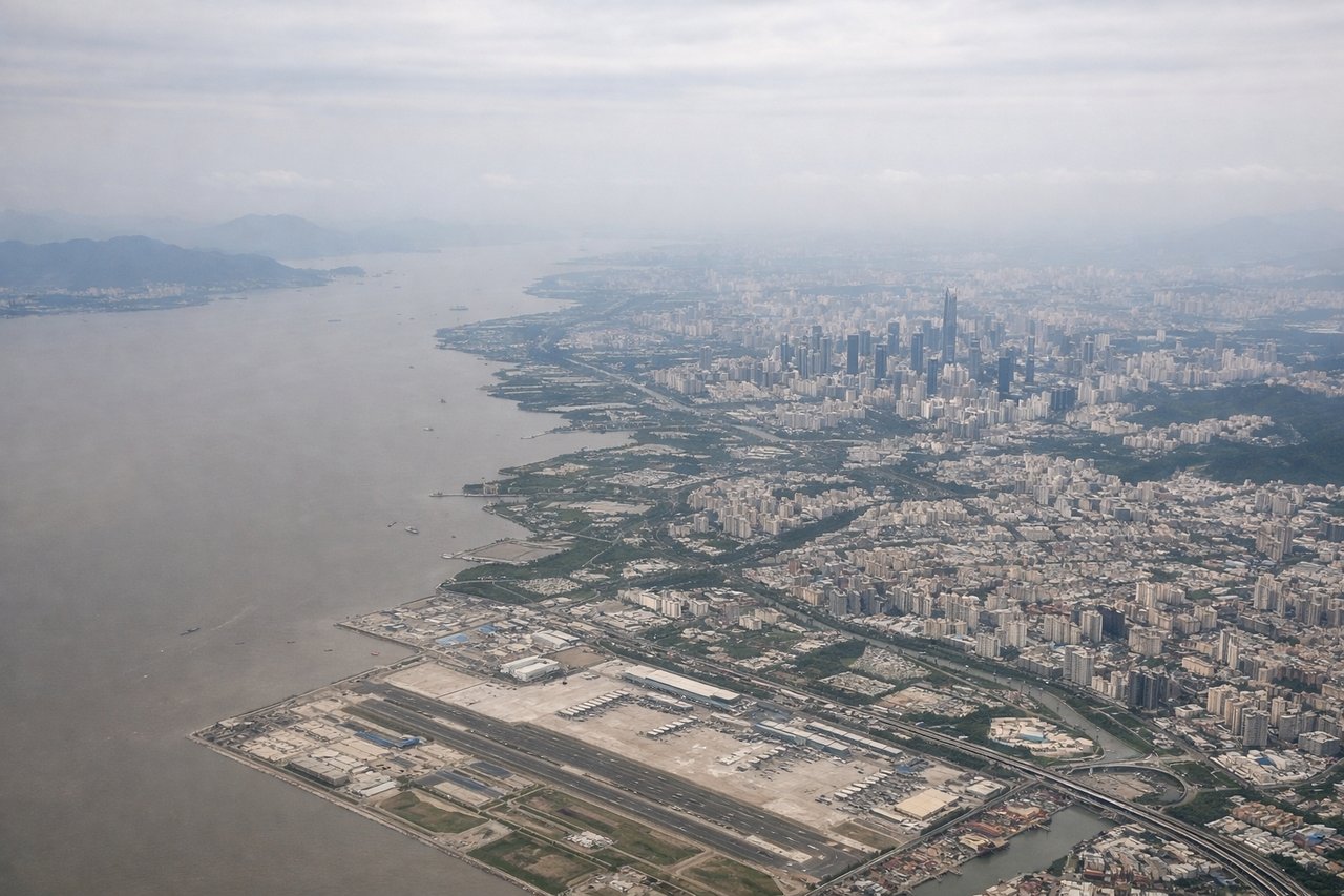 Left window seat view during landing at Shenzhen (SZX) — Shenzhen River (northern boundary with Hong Kong), Victoria Harbour and Hong Kong Island skyline (across the water to the east), Shenzhen's high-rise downtown core, Deep Bay (Lingding Bay) to the northwest