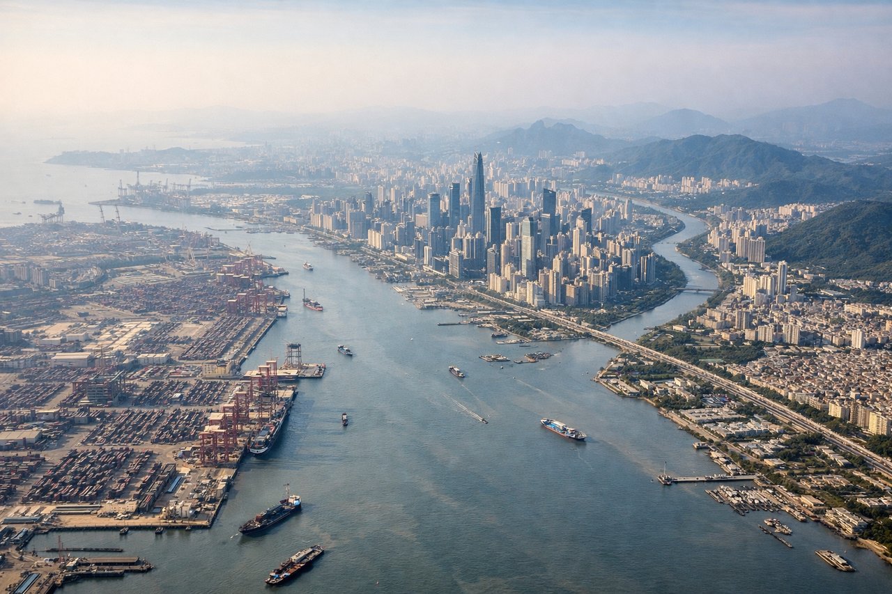 Right window seat view during landing at Shenzhen (SZX) — Shenzhen River (northern boundary with Hong Kong), Victoria Harbour and Hong Kong Island skyline (across the water to the east), Shenzhen's high-rise downtown core, Deep Bay (Lingding Bay) to the northwest