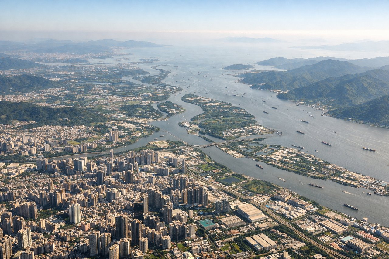 Left window seat view during takeoff from Shenzhen (SZX) — Shenzhen Bay, Victoria Harbour (Hong Kong) in far distance, Pearl River channels, Qianhai development zone
