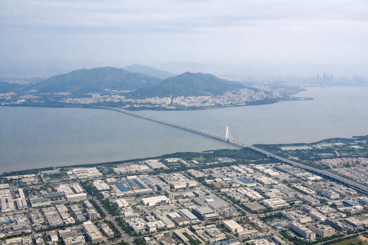 Right window seat view during takeoff from Shenzhen (SZX) — Shenzhen Bay, Victoria Harbour (Hong Kong) in far distance, Pearl River channels, Qianhai development zone