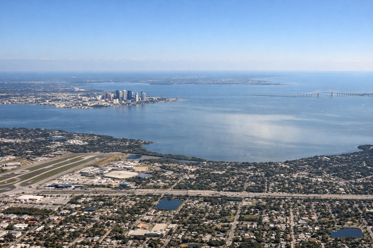 Aerial window seat view during landing at Tampa (left side) — Tampa Bay, Sunshine Skyway Bridge, St. Petersburg skyline, MacDill Air Force Base peninsula