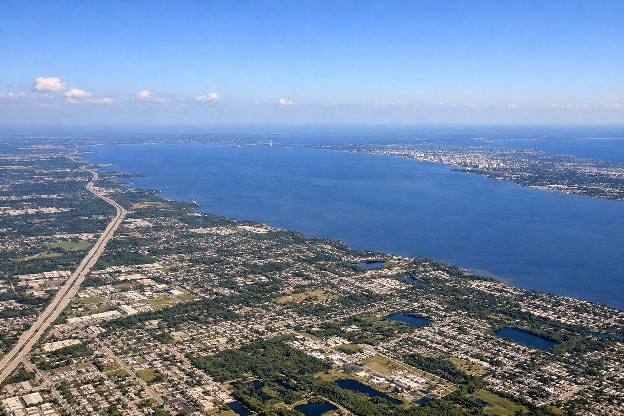 Aerial window seat view during landing at Tampa (right side) — Tampa Bay, Sunshine Skyway Bridge, St. Petersburg waterfront, Gulf of Mexico coastline