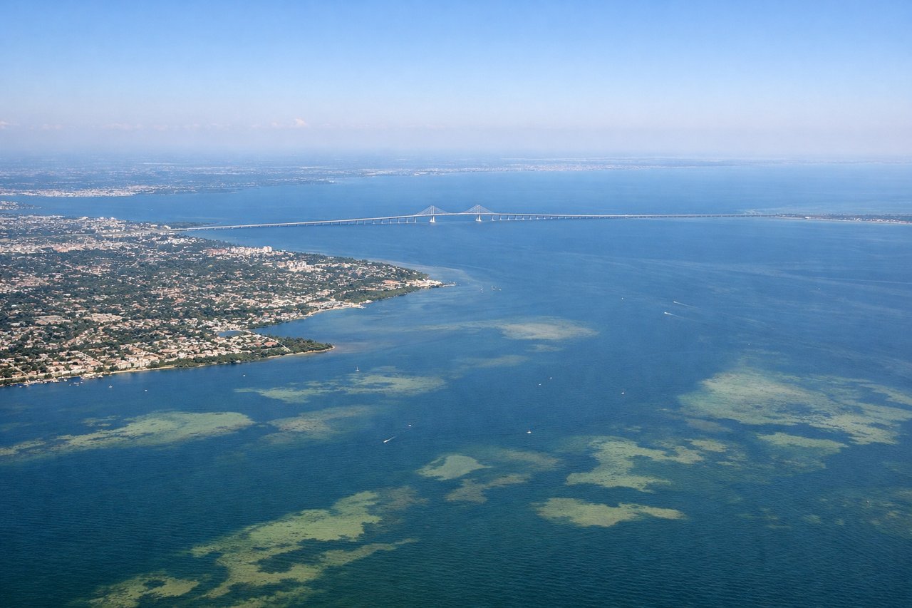 Aerial window seat view during takeoff from Tampa (left side) — Tampa Bay, Sunshine Skyway Bridge, downtown Tampa skyline, St. Petersburg waterfront