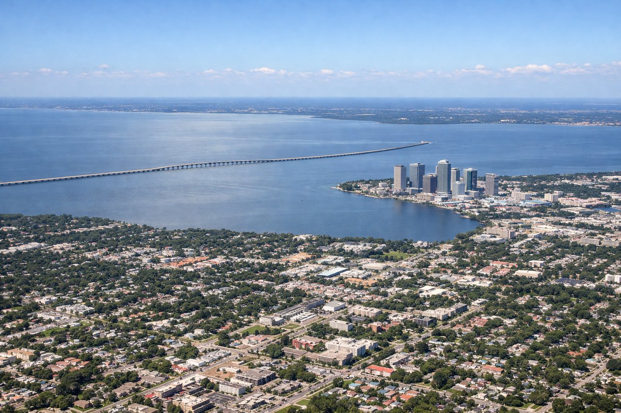 Aerial window seat view during takeoff from Tampa (right side) — Downtown Tampa skyline, Hillsborough Bay, Davis Islands, Tampa Bay causeways