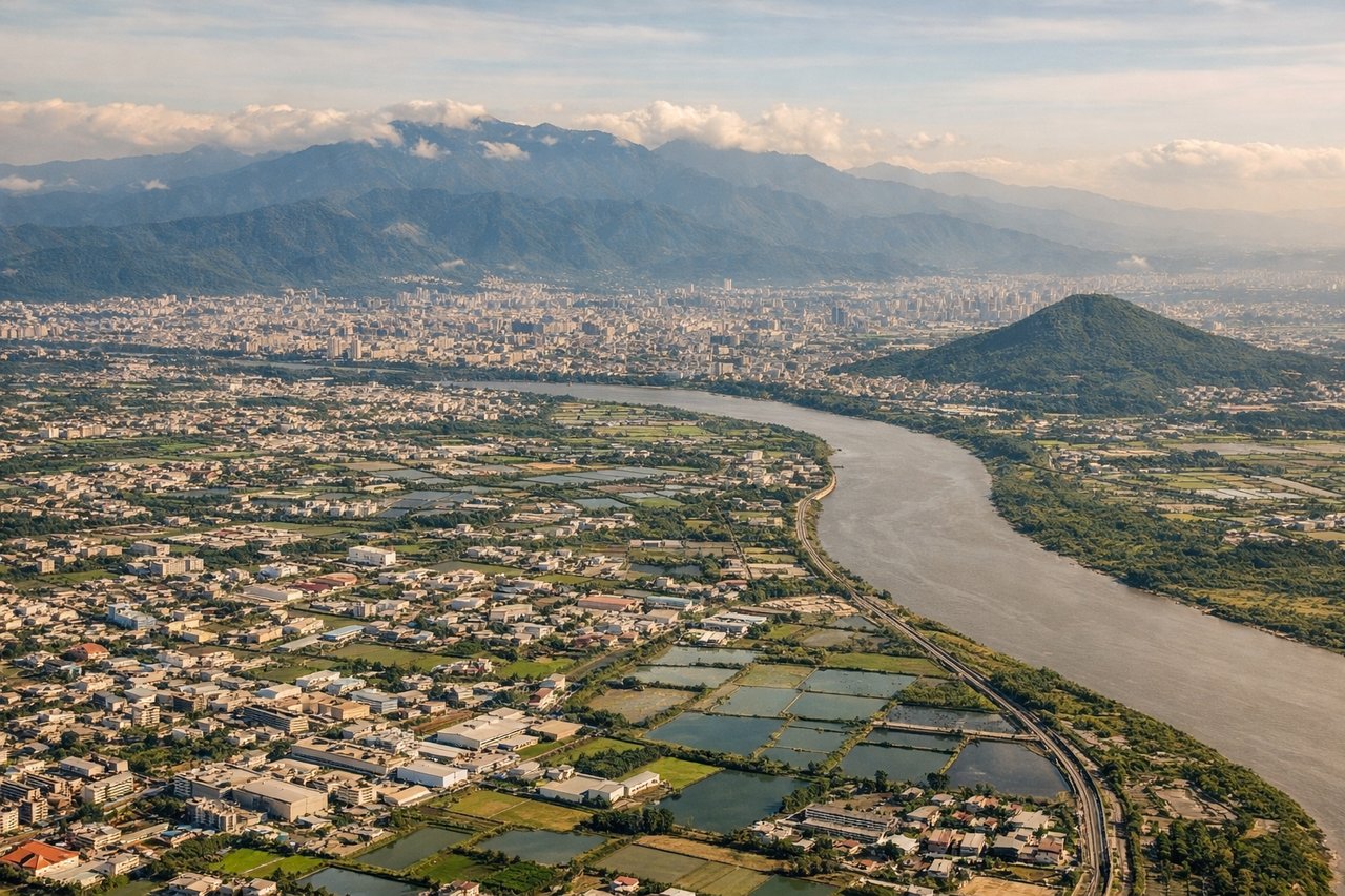 Aerial window seat view during landing at Taipei (left side) — Taipei 101 and downtown Taipei (visible as a dense urban cluster in the basin), Tamsui River and its delta (silvery waterway), Yangmingshan volcanic plateau (northwest of basin), northern Taiwan coastal plains