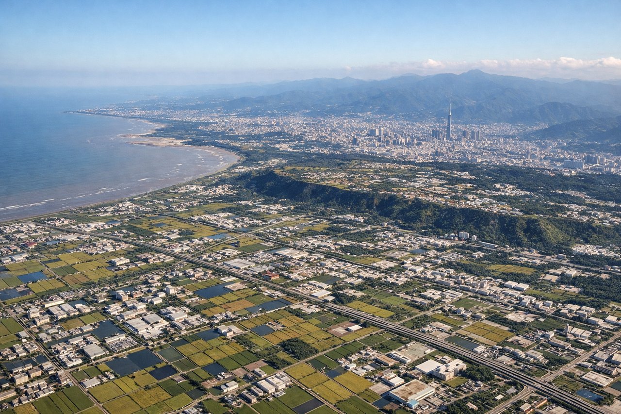 Aerial window seat view during landing at Taipei (right side) — Central Mountain Range foothills, Taiwan's western coastal plain, Taoyuan's patchwork farmland, Guanyin Mountain near the airport