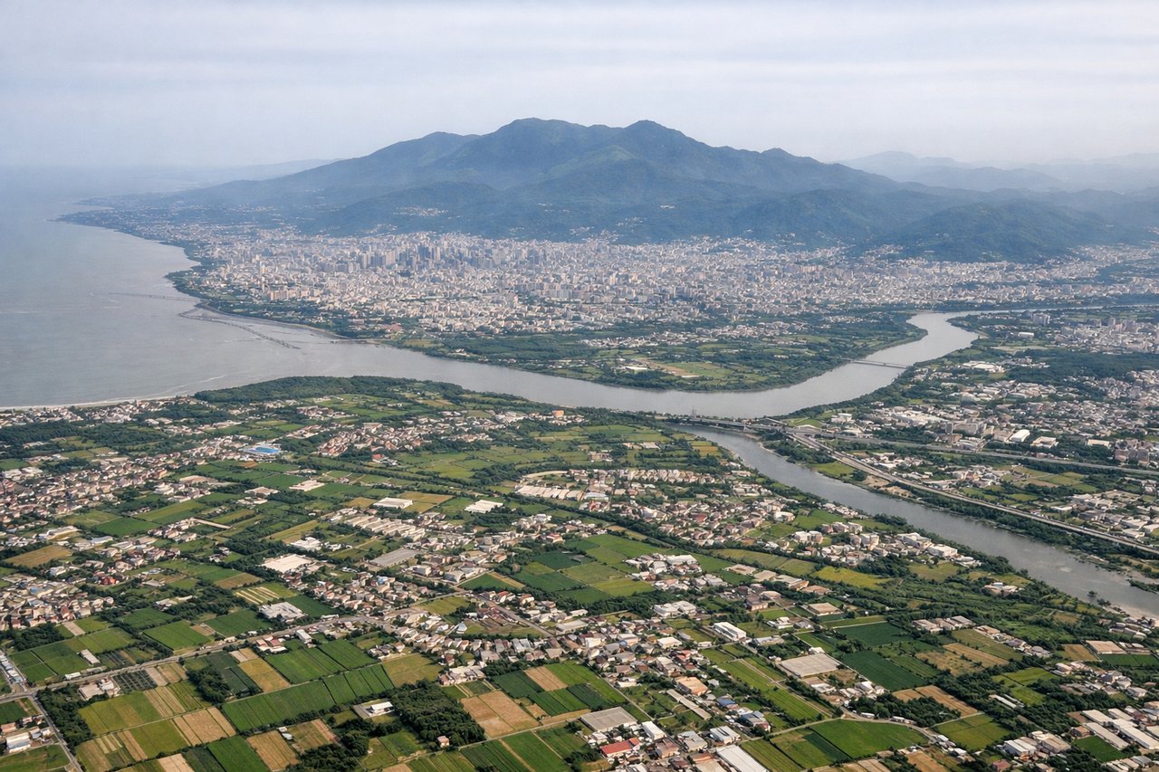 Aerial window seat view during takeoff from Taipei (left side) — Xueshan (Snow Mountain) foothills, Taoyuan farmland and wetlands, Hsinchu hills, Taiwan Strait coastline visible in the distance