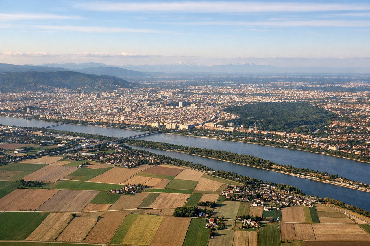 Left window seat view during landing at Vienna (VIE) — Danube River and its Donauinsel island, Vienna city skyline including St. Stephen's Cathedral area, Donau City tower cluster (UN Vienna complex), Prater park with its Ferris wheel