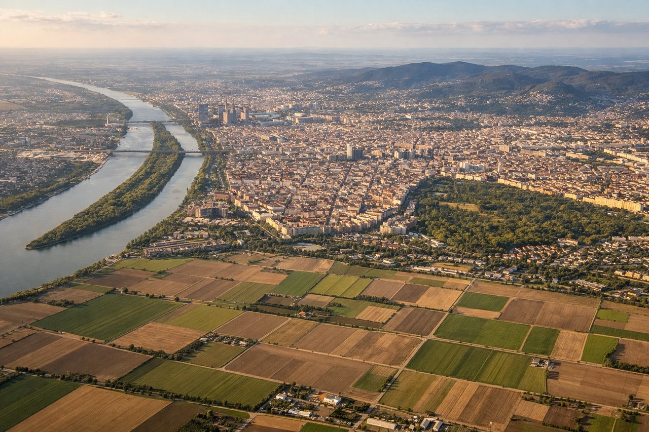 Aerial window seat view during landing at Vienna (right side) — Danube river (prominent S-curve through Vienna), Vienna Woods/Wienerwald (forested ridge southwest of city), Danube floodplain wetlands (east of river), city center and Stephansdom district (visible as urban density)