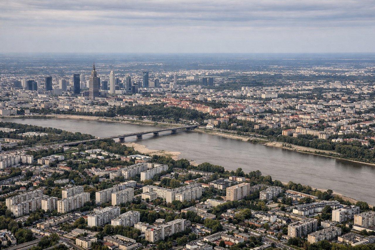 Aerial window seat view during landing at Warsaw (right side) — Vistula River, Warsaw city skyline and Palace of Culture and Science, Old Town riverside district, Wilanów palace grounds