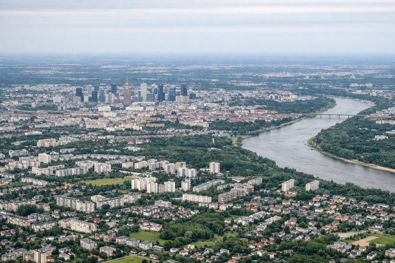 Left window seat view during takeoff from Warsaw (WAW) — Vistula River (multiple bends visible), Warsaw city center and Old Town district, Praga district across the river, flat agricultural plains extending to the northern horizon