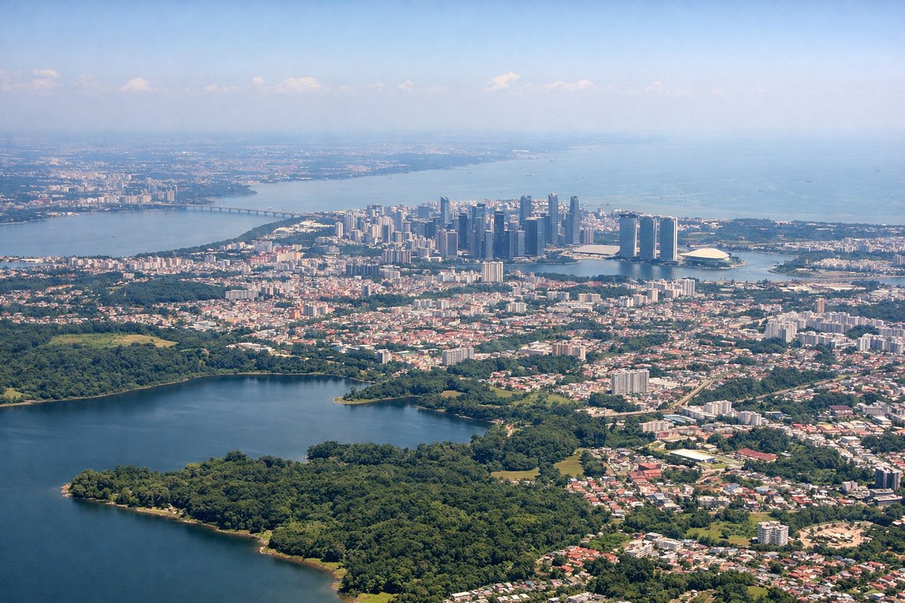 Left window seat view during takeoff from Singapore (XSP) — Strait of Johor, Pulau Ubin, Johor Bahru waterfront, northern Singapore coastal islands