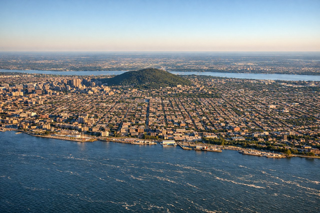 Aerial window seat view during landing at Montreal (left side) — St. Lawrence River, Montreal downtown skyline, Mont Royal, Île de Montréal farmland patchwork