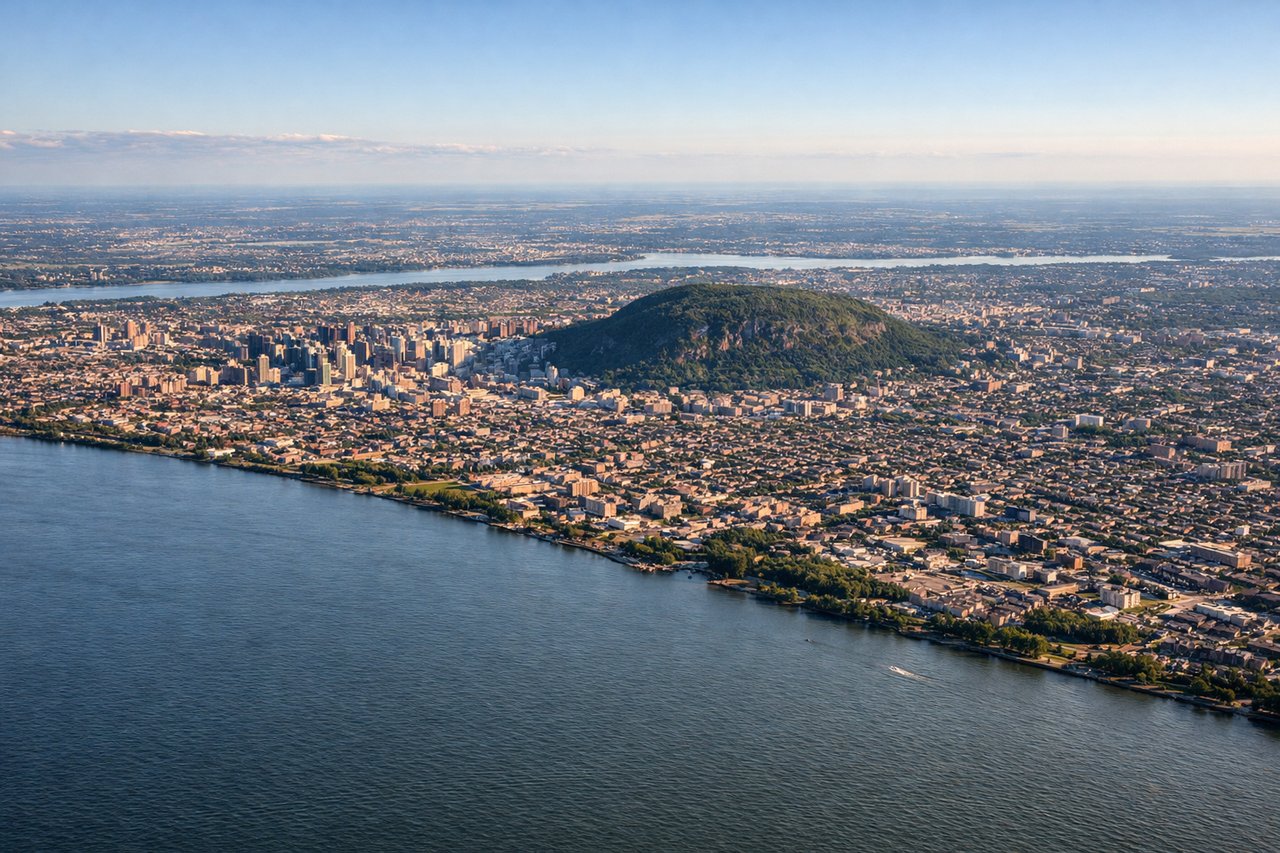 Aerial window seat view during landing at Montreal (right side) — St. Lawrence River and its islands, Laurentian Mountains to the north, Mount Royal and downtown Montreal skyline, Île-Perrot and suburban sprawl