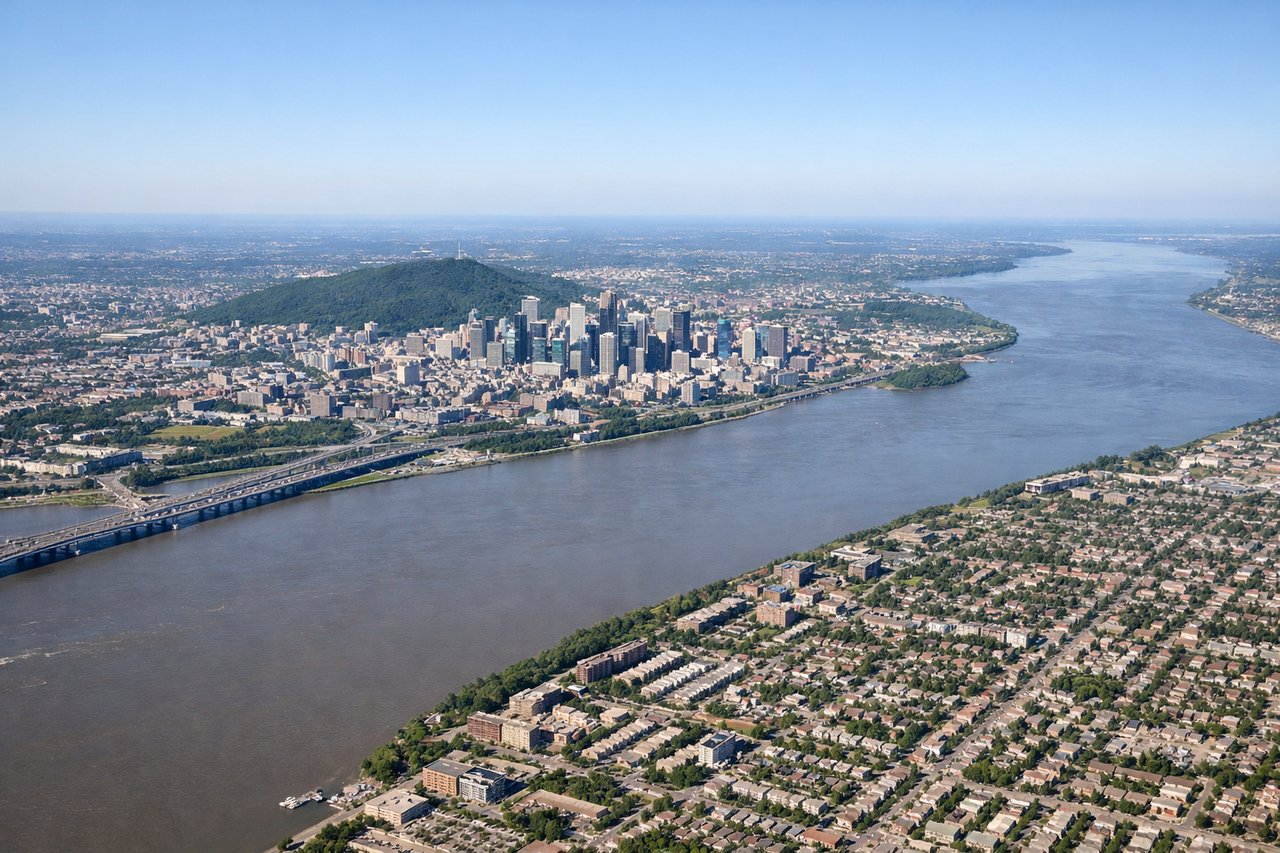 Aerial window seat view during takeoff from Montreal (left side) — St. Lawrence River, Montreal skyline, Mont Royal, Jacques Cartier Bridge