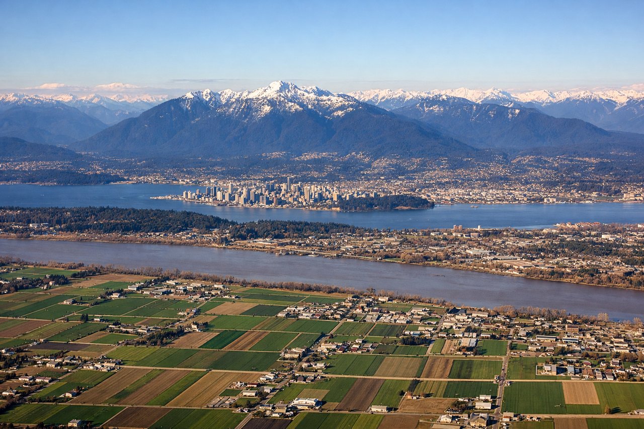 Aerial window seat view during landing at Vancouver (left side) — North Shore Mountains (Grouse, Seymour, Cypress peaks visible on the horizon), Strait of Georgia (water body beneath the approach), Vancouver city skyline and downtown core (visible to the south during descent), Vancouver International Airport runways and taxiways (visible in final approach)