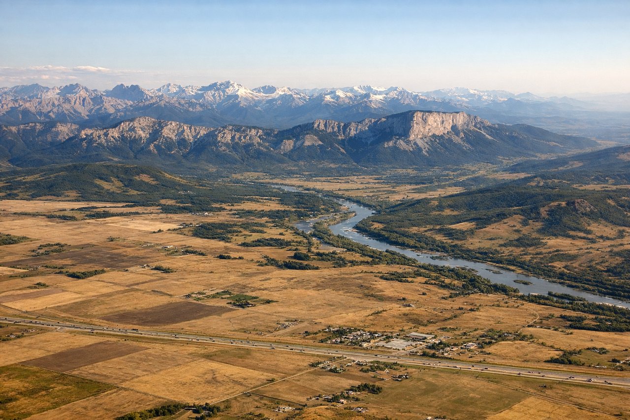 Left window seat view during landing at Calgary (YYC) — Rocky Mountains front range, foothills west of Calgary, Bow River valley, Kananaskis peaks in the distance